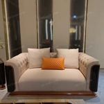 Beige Leather Sofa Set with Button Tufting Craftsmanship, Natural Wood Veneer & Orange Quilted Accents